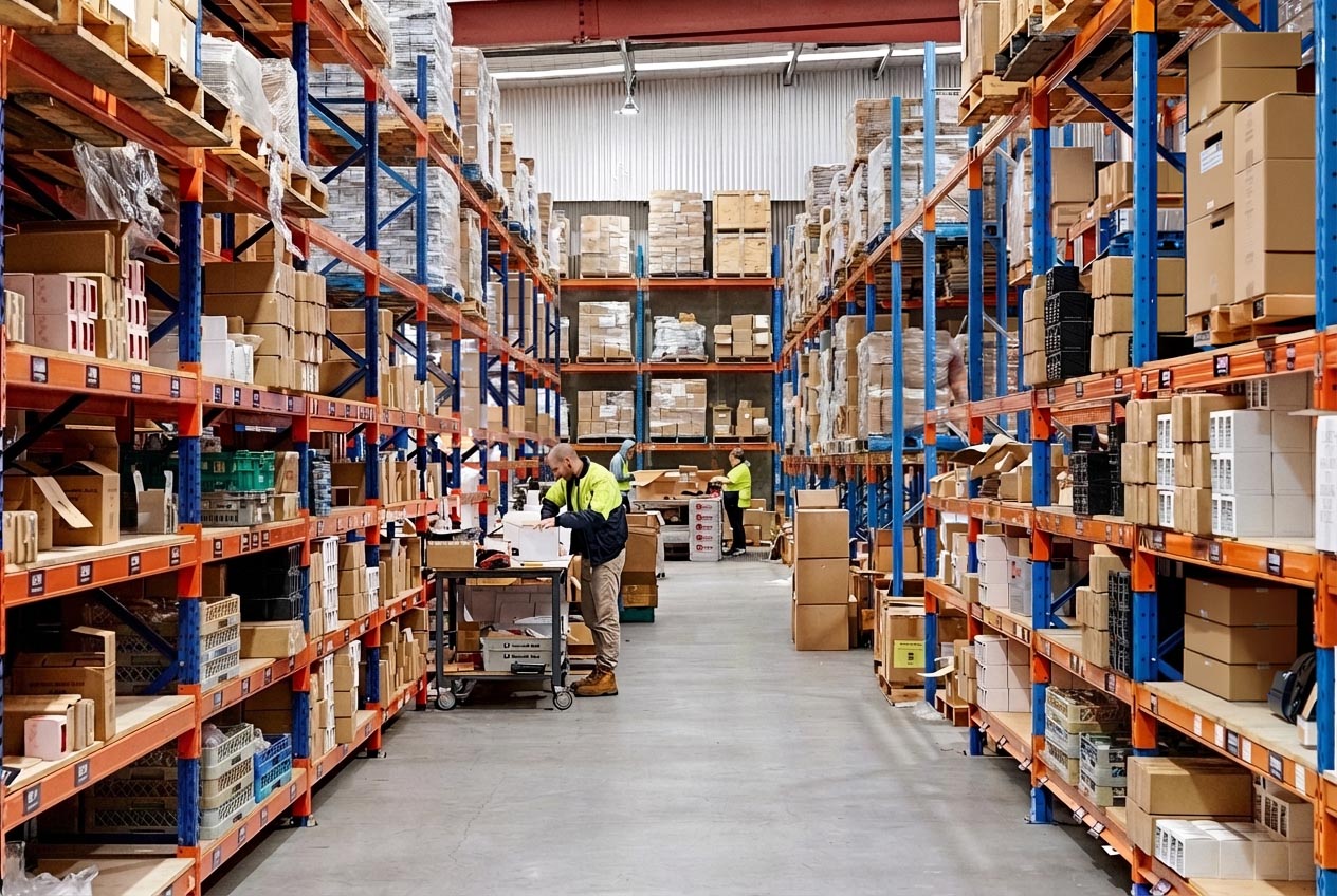 Warehouse aisle with tall blue and orange shelving filled with boxes; two workers in high-visibility jackets sorting items at a cart.